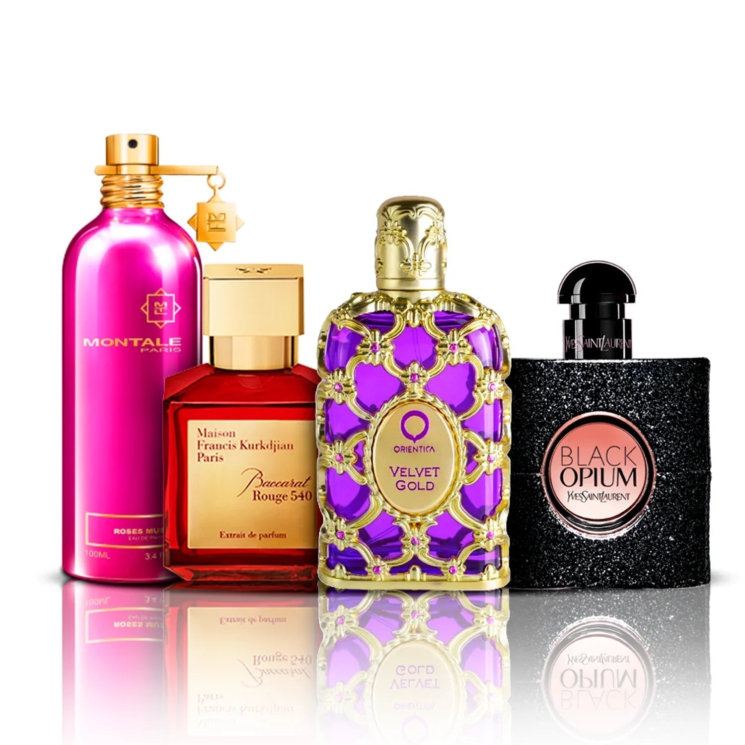 Set di 4 profumi  | Velvet Gold + Baccarat Rouge 540 + Black Opium + Roses Musk
